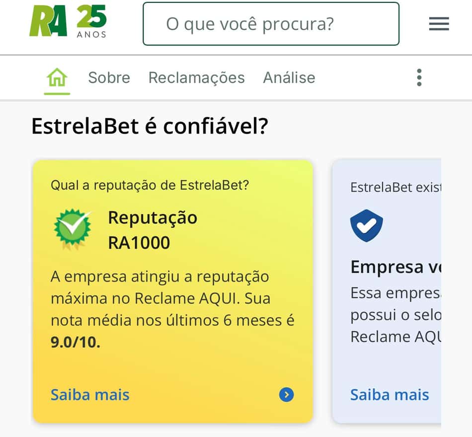 Captura de tela da conta da Estrela bet no Reclame Aqui.