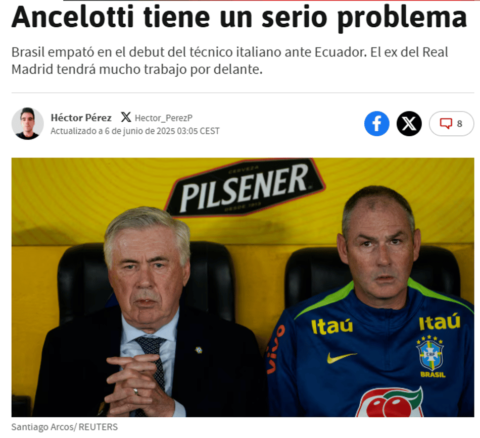 Jornal "As" analisa estreia de Ancelotti pela Seleção (Foto: Reprodução)