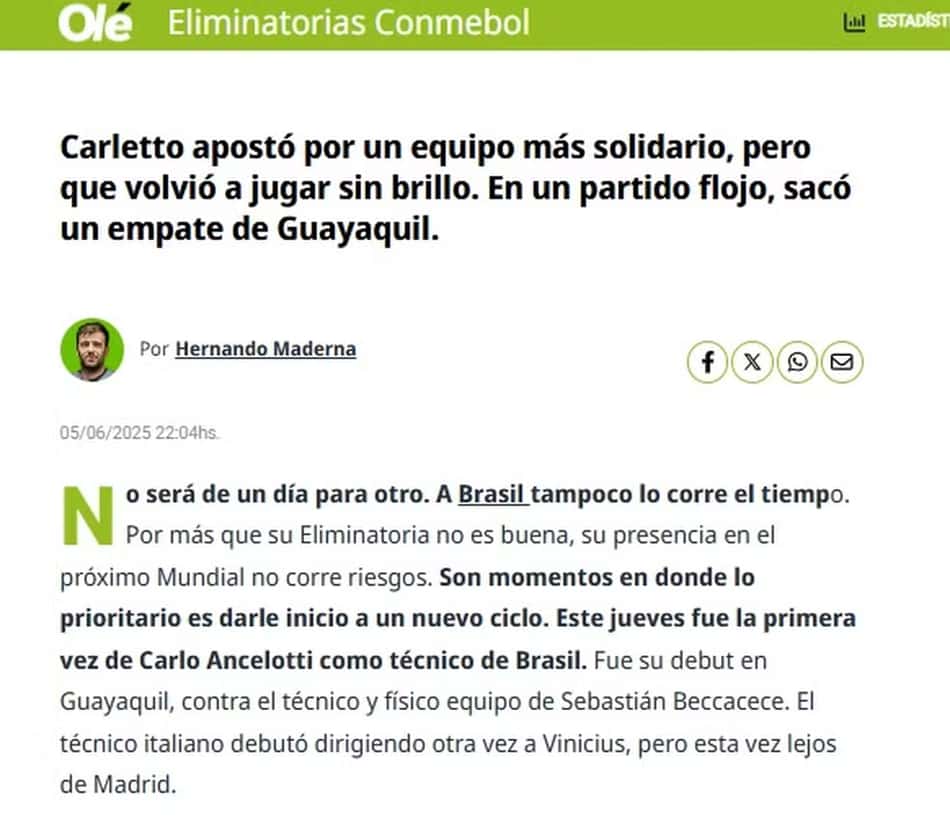Jornal "Olé" analisa estreia de Ancelotti pela Seleção (Foto: Reprodução)