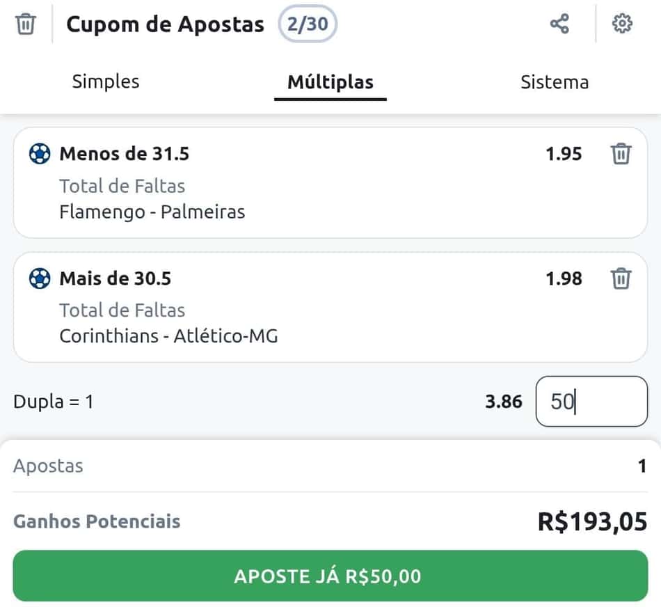 Captura de tela do Cupom de Apostas com mercados de Total de Faltas