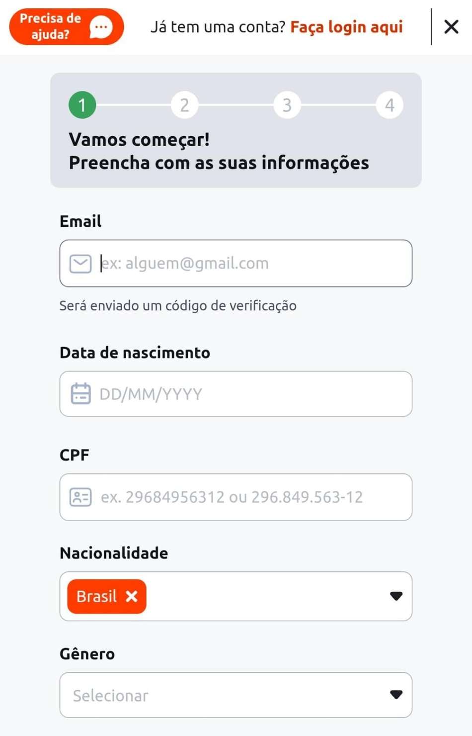 Captura de tela do formulário de registro da casa de apostas Betano