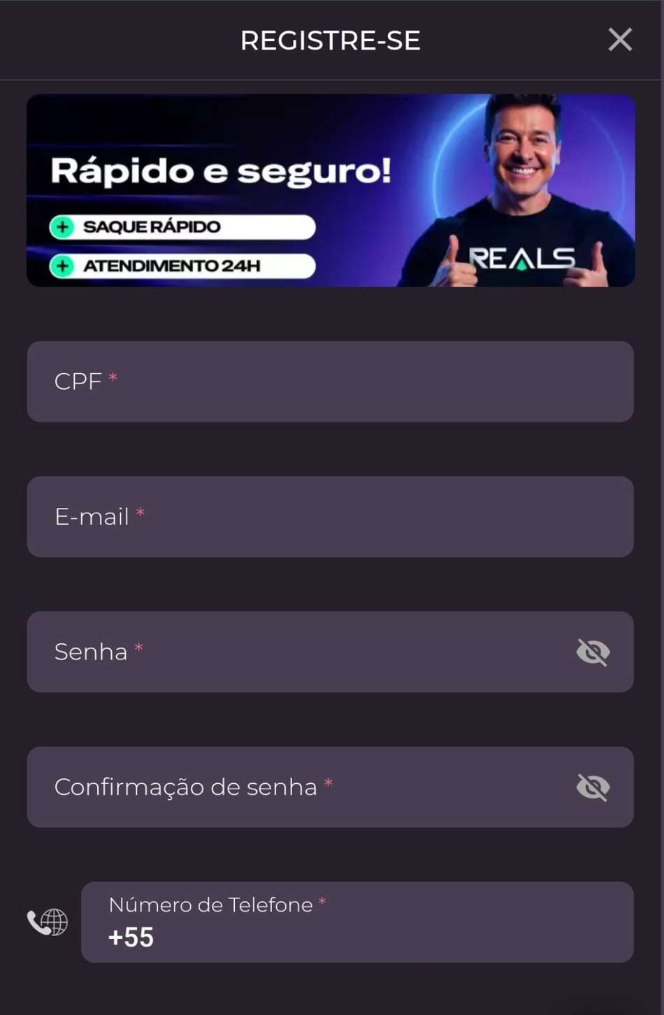 Captura de tela do formulário de cadastro na plataforma Reals Bet