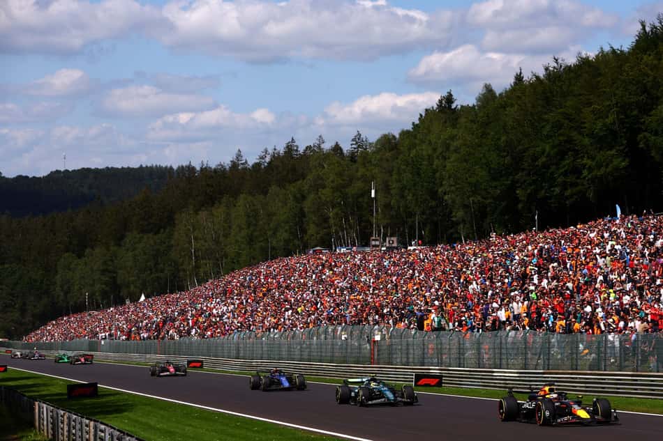 SPA, BELGIUM - JULY 28: Max Verstappen of the Netherlands and Oracle Red Bull Racing leads Fernando Alonso of Spain driving the (14) Aston Martin AMR24 Mercedes on track during the F1 Grand Prix of Belgium at Circuit de Spa-Francorchamps on July 28, 2024 in Spa, Belgium. (Photo by Dean Mouhtaropoulos/Getty Images) // Getty Images / Red Bull Content Pool // SI202407280719 // Usage for editorial use only //