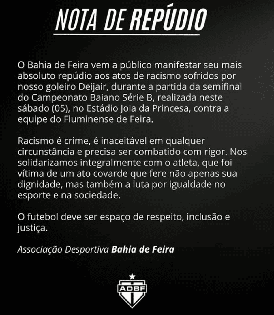 Nota de repúdio publicada pelo Bahia de Feira (Foto: redes sociais)