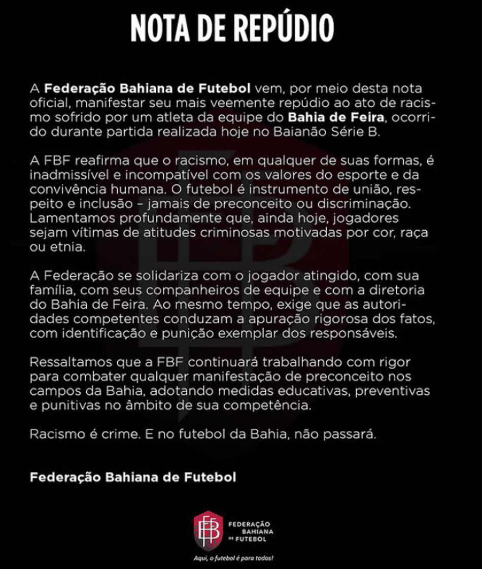 Nota de repúdio da Federação Bahiana de Futebol depois do caso de racismo (Foto: redes sociais)