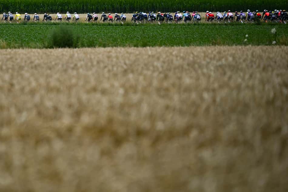 Ciclistas pedalam no trecho entre Valenciennes e Dunquerque, no norte da França (foto: Loic VENANCE / AFP)