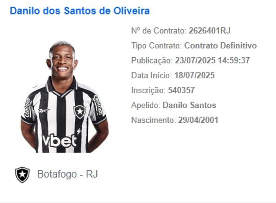 Danilo, do Botafogo, teve o nome publicado no BID (Foto: BID/CBF)