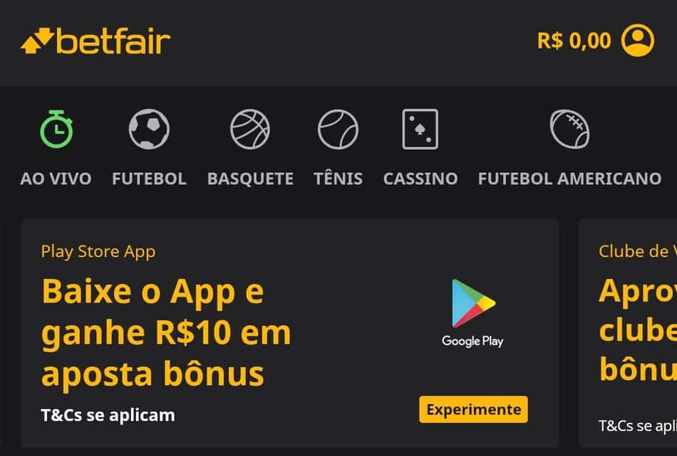 Captura de tela da promoção aposta bônus Betfair App