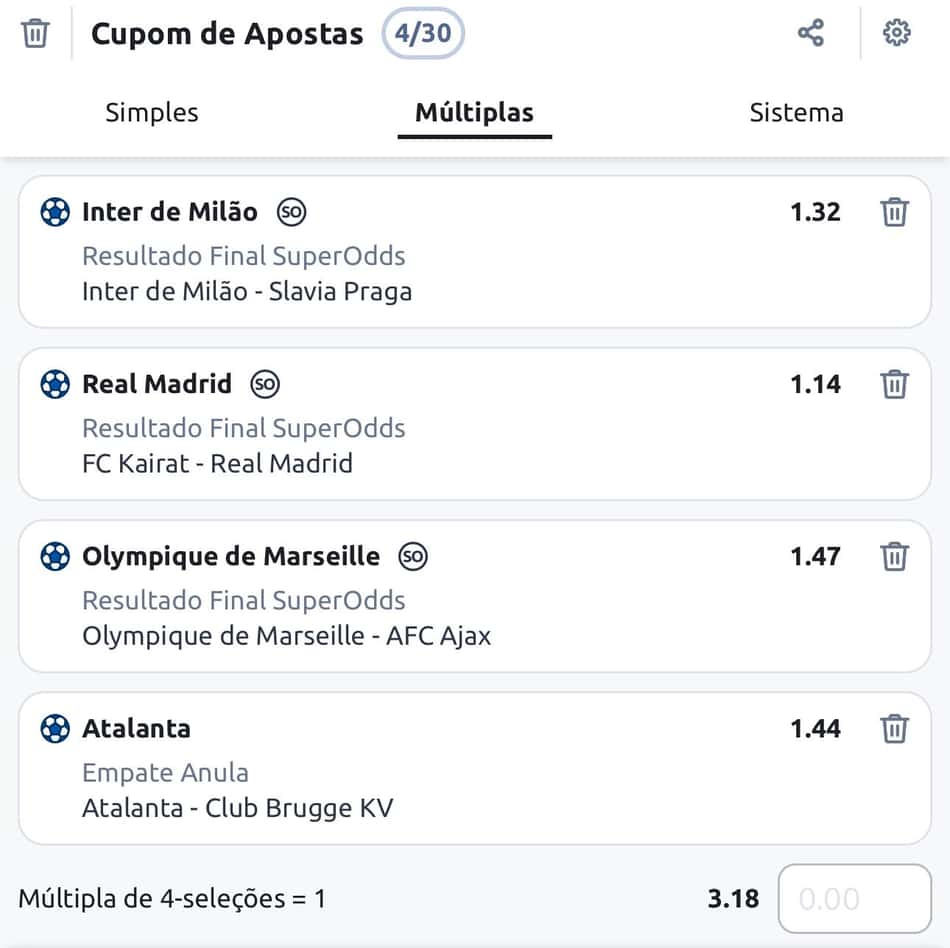 Exemplo de aposta múltipla com Empate Anula Aposta na Betano.