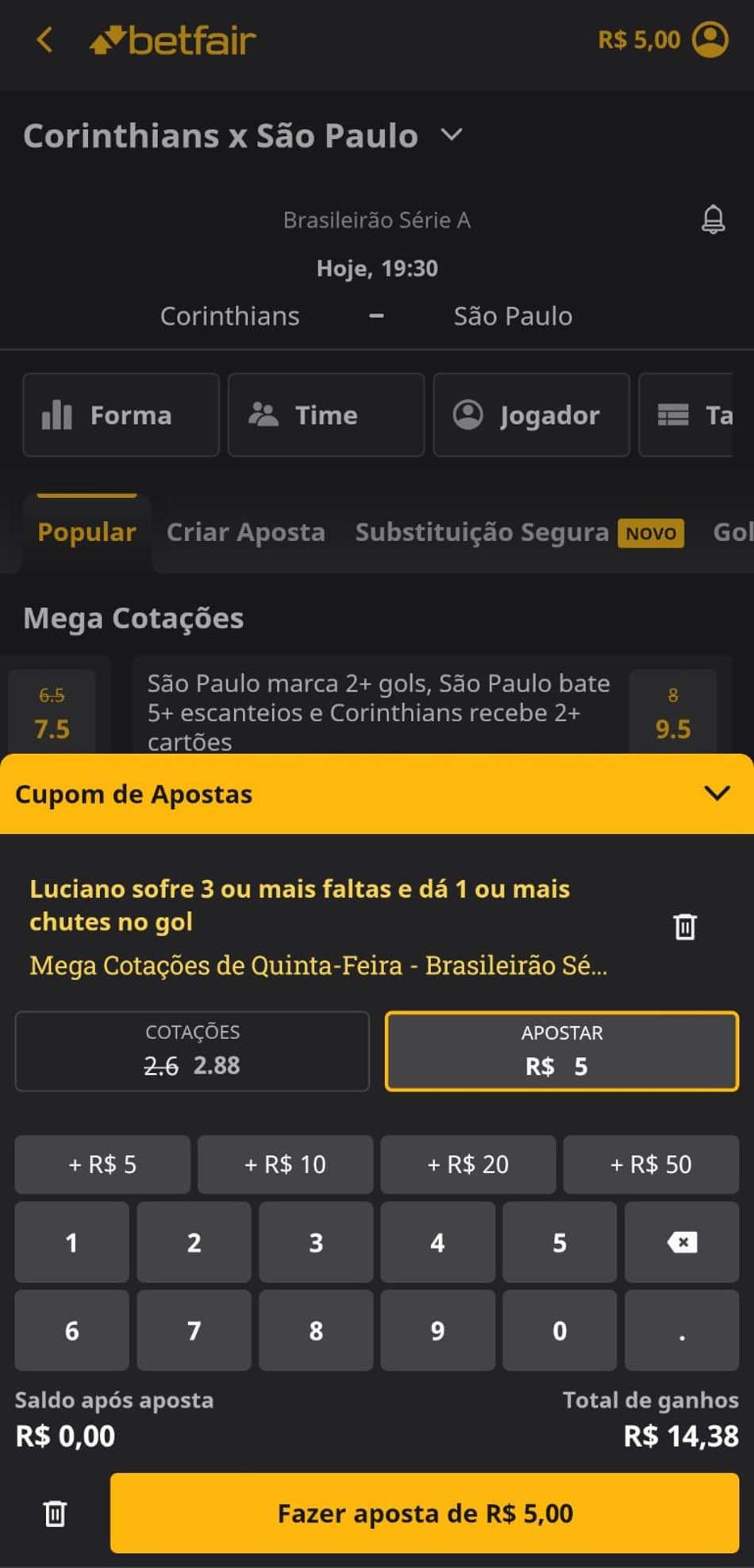 Captura de tela da Mega Aposta Aumentada no Betfair App