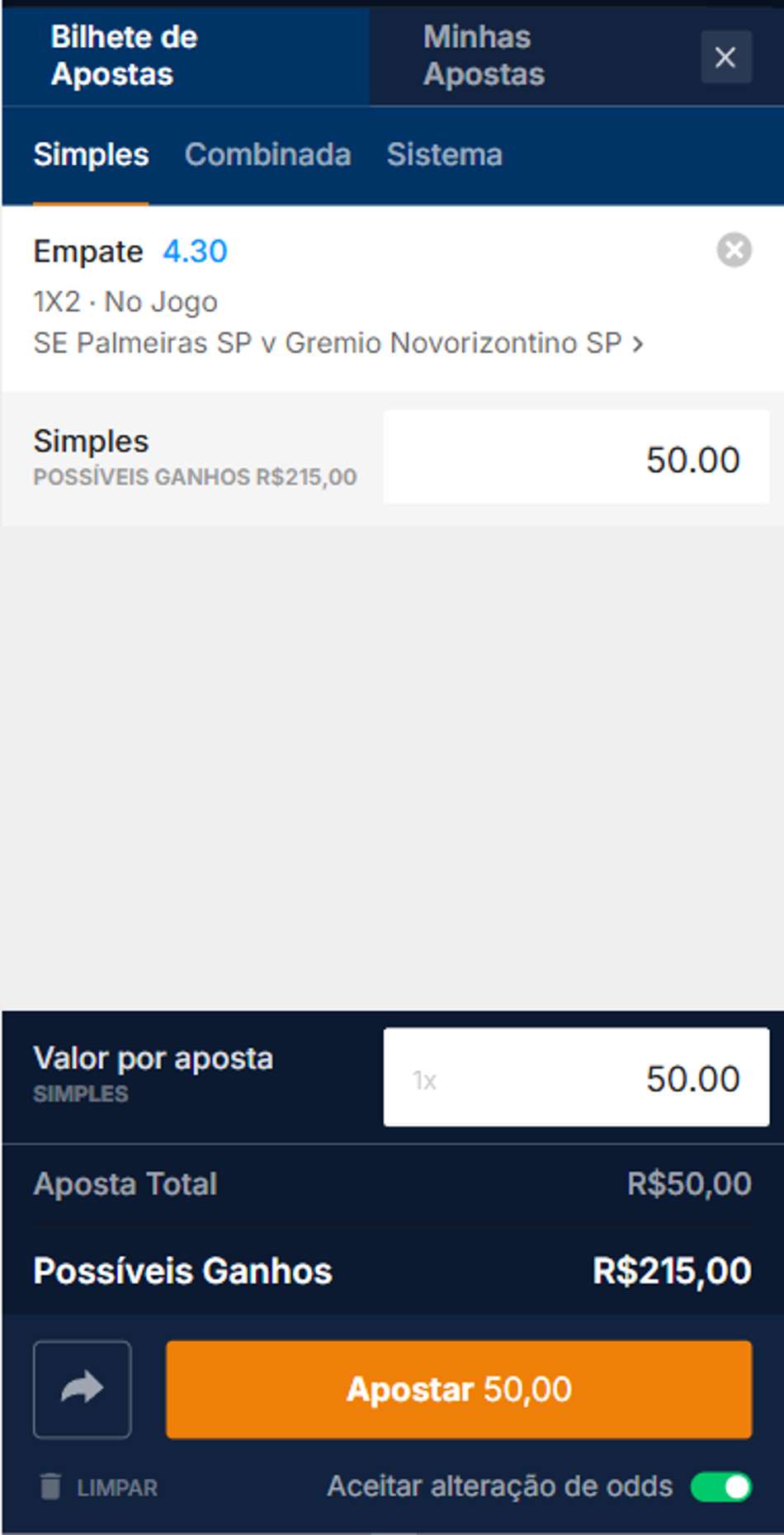 Bilhete de aposta em criação na Rivalo com empate no Paulistão.