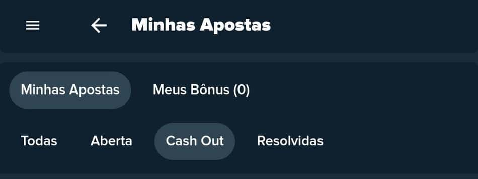 Captura de tela do menu "Minhas Apostas" com a opção "Cash Out" selecionada no aplicativo da Stake.