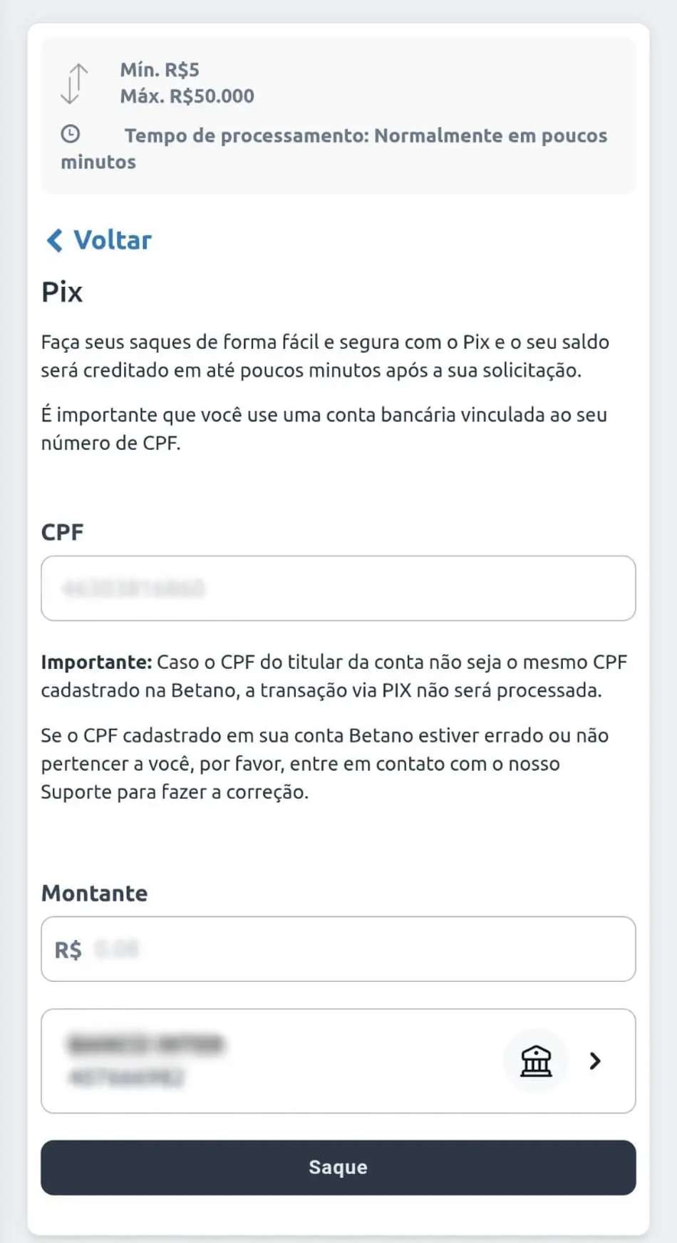 Captura de tela mostrando como sacar na Betano via Pix