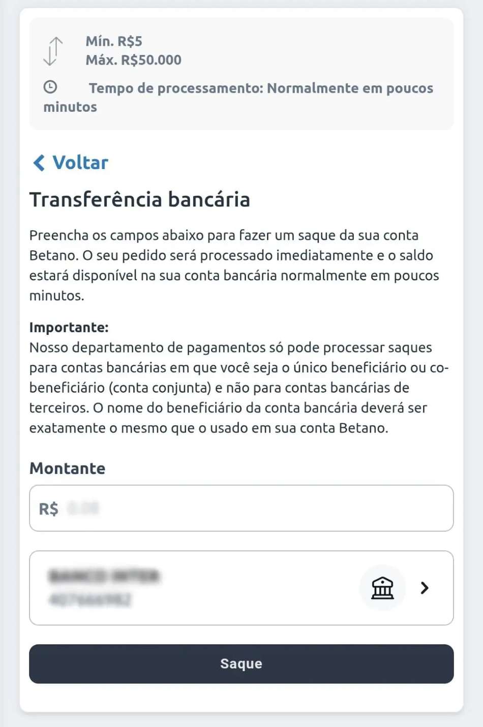 Captura de tela do saque Betano via TED.