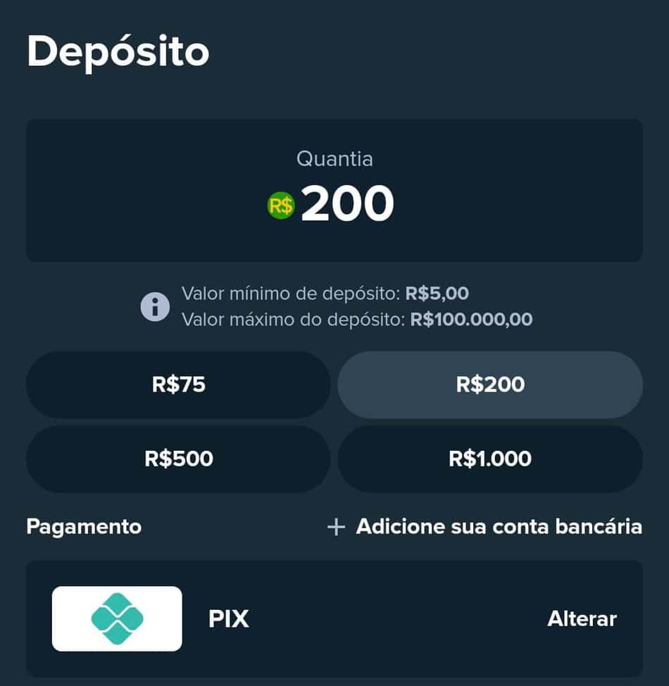Captura de tela com depósito de R$200 via Pix no Stake App para Android.