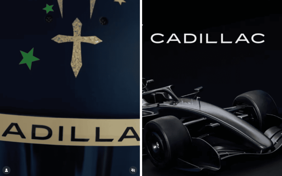 Do lado esquerdo, a marca que aparece no vídeo de Felipe Drugovich. No direito, a marca da Cadillac (Fotos: Divulgação)