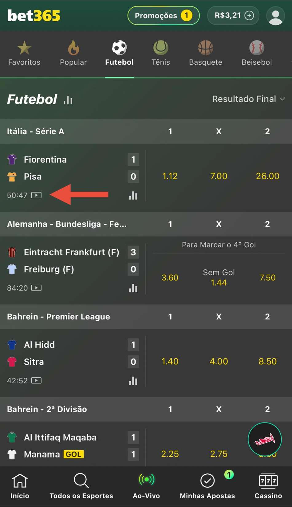 Captura de tela feita em 23/02/2026 mostra eventos com transmissão ao vivo na bet365.