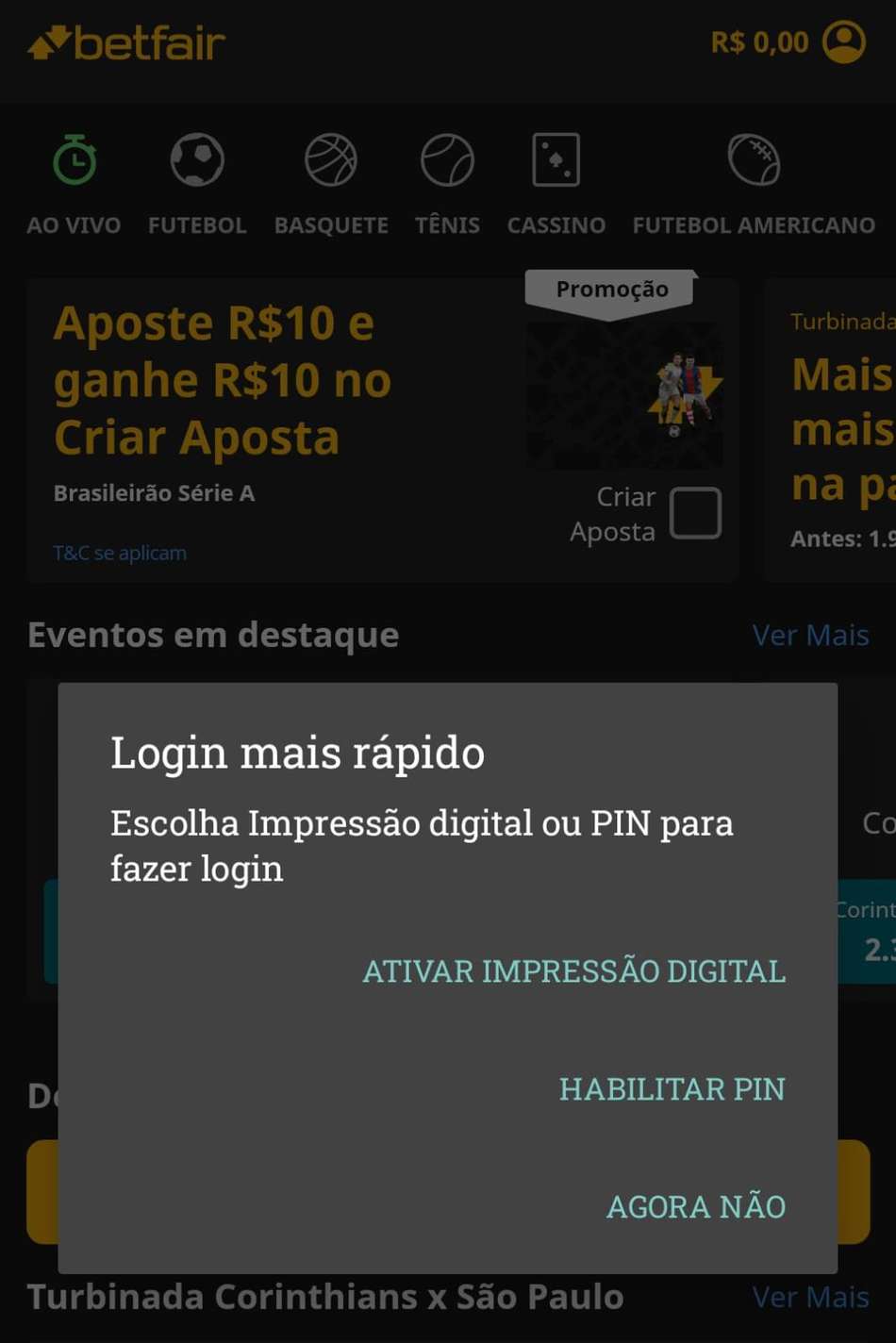 Captura de tela da função de login mais rápido no aplicativo Betfair