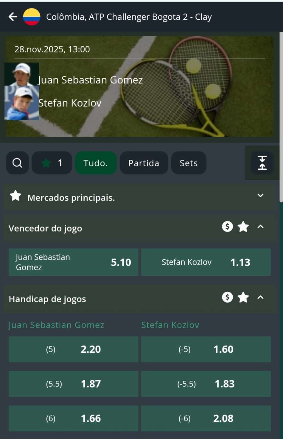 Captura de tela de um evento de tênis no site da Seguro Bet com os mercados de apostas.