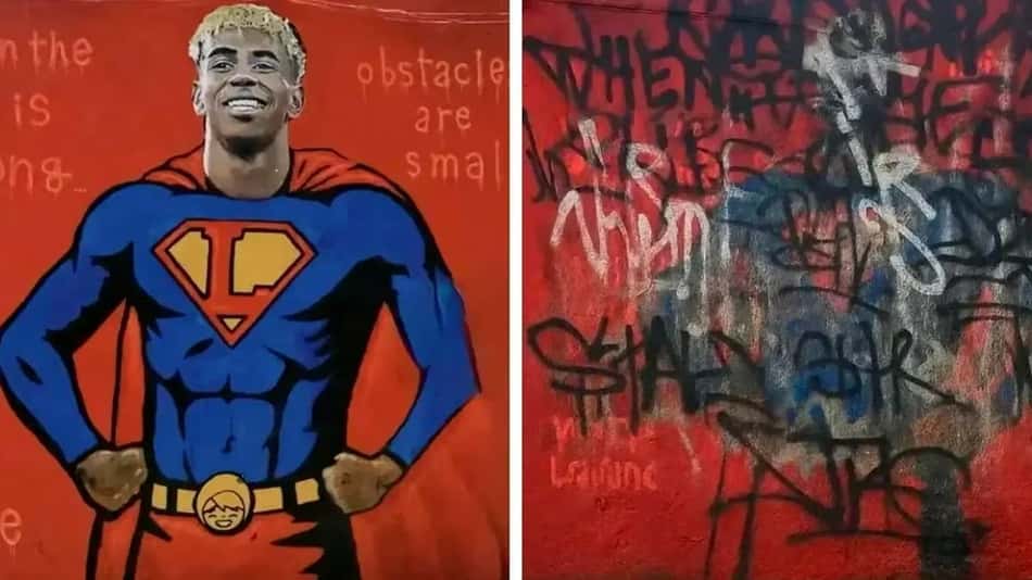 Mural de Lamine Yamal antes e depois das pichações (Foto: Reprodução/AS)