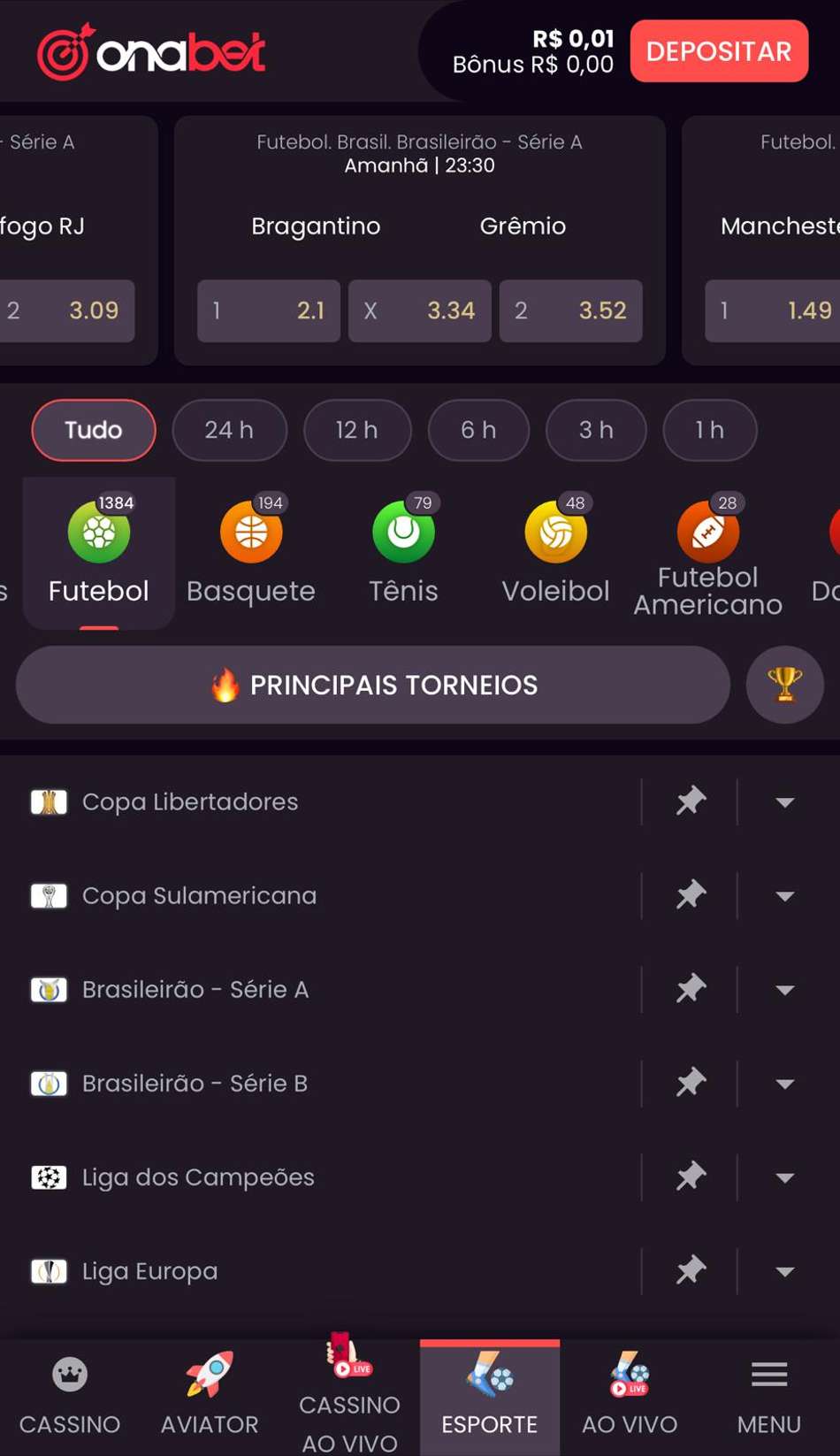 Captura da tela de apostas em futebol na Onabet