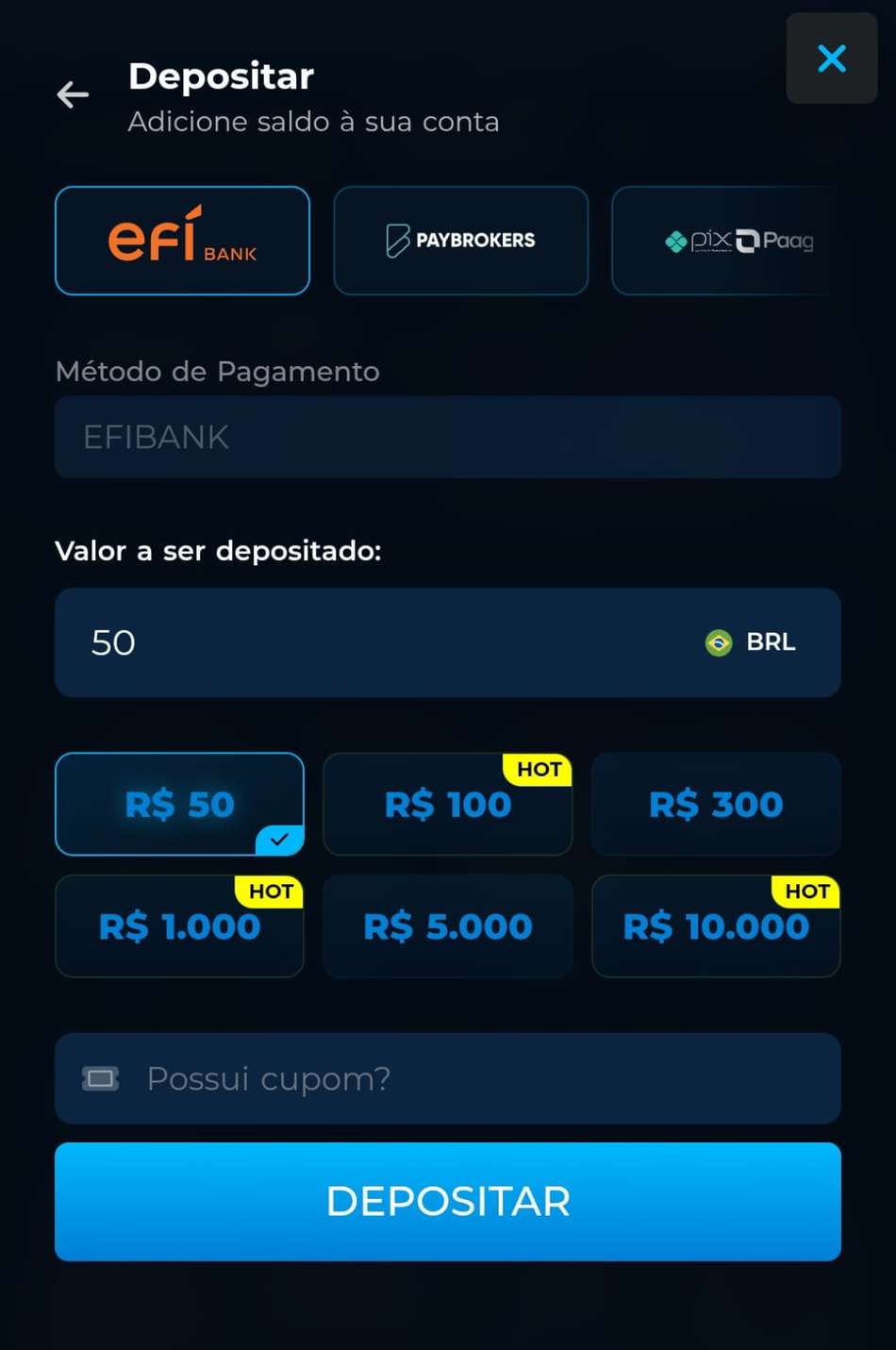 Captura de tela das etapas de registro com o campo para inserir o Cupom CassinoPix