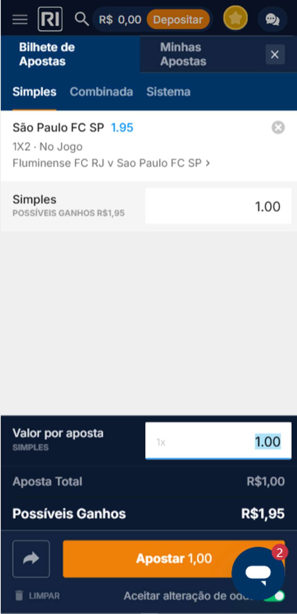 Bilhete de aposta da Rivalo com seleção em São Paulo vs Fluminense e cálculo de possíveis ganhos