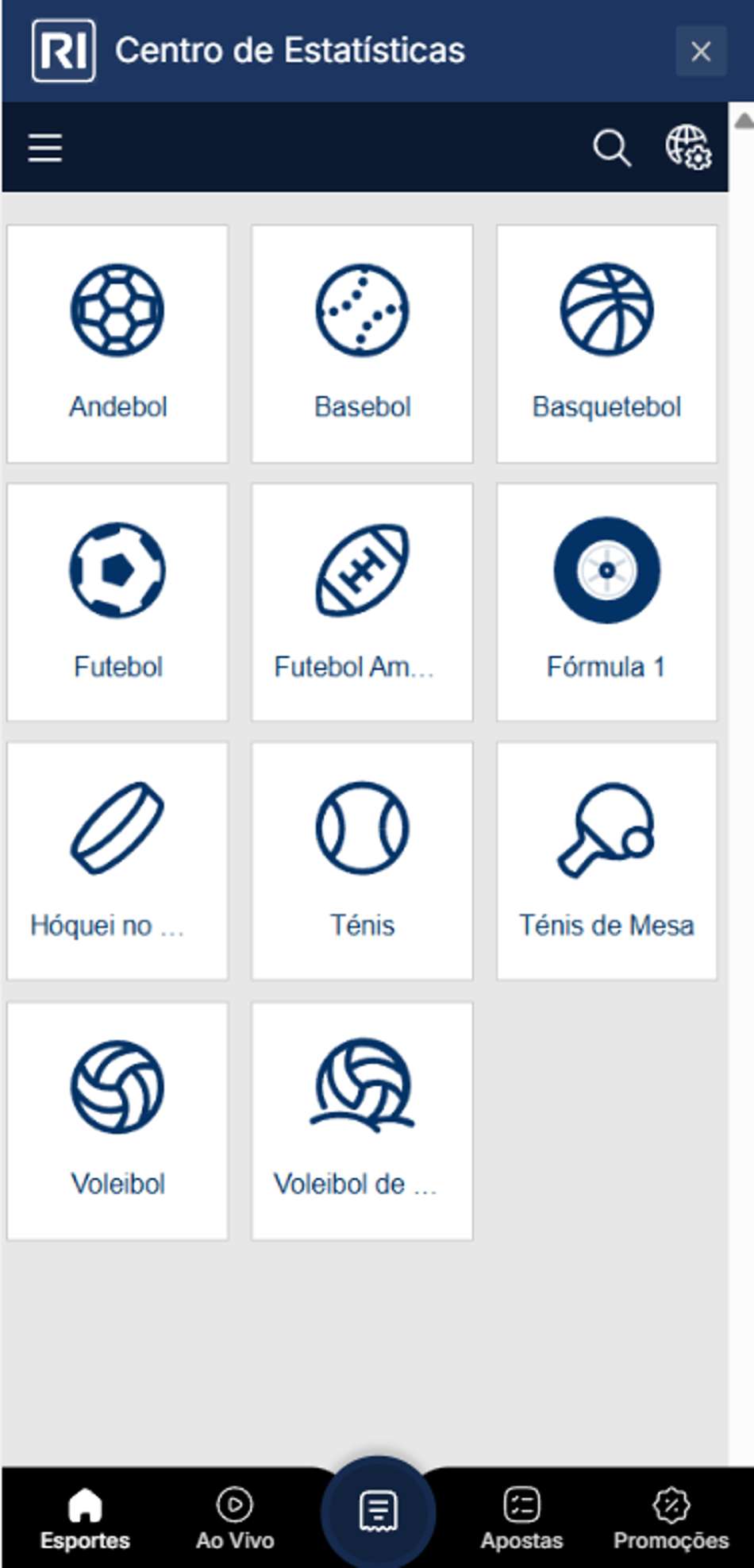Centro de estatísticas da Rivalo com esportes disponíveis