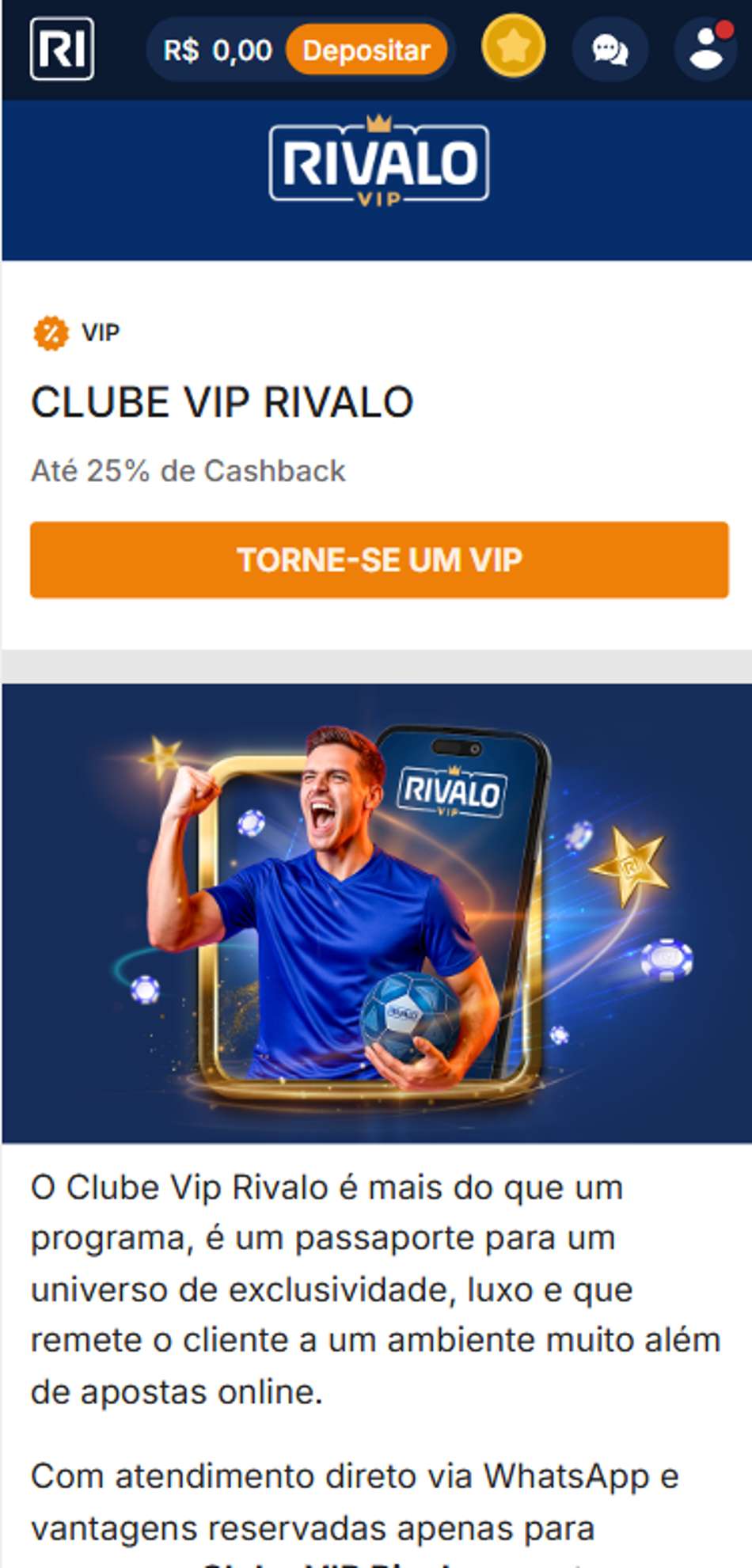 Página do Clube VIP Rivalo com oferta de cashback e benefícios exclusivos para usuários