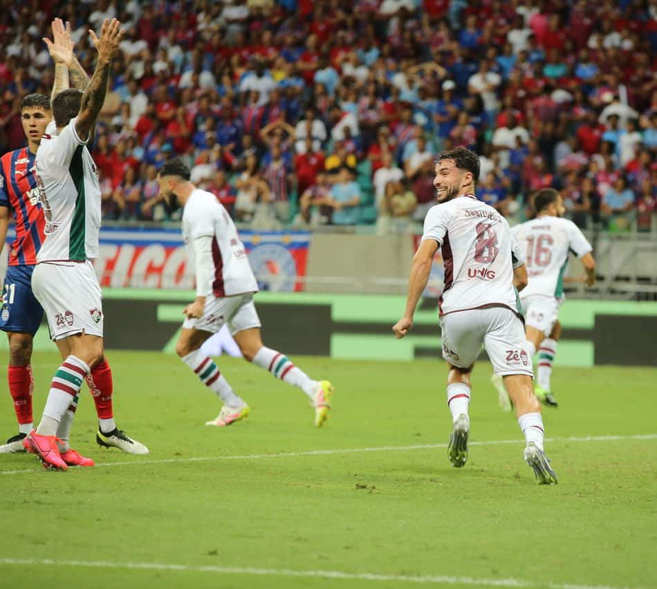 Jogadores do Fluminense comemoram gol que acabou anulado (Foto: Marcio Jose/AGIF)