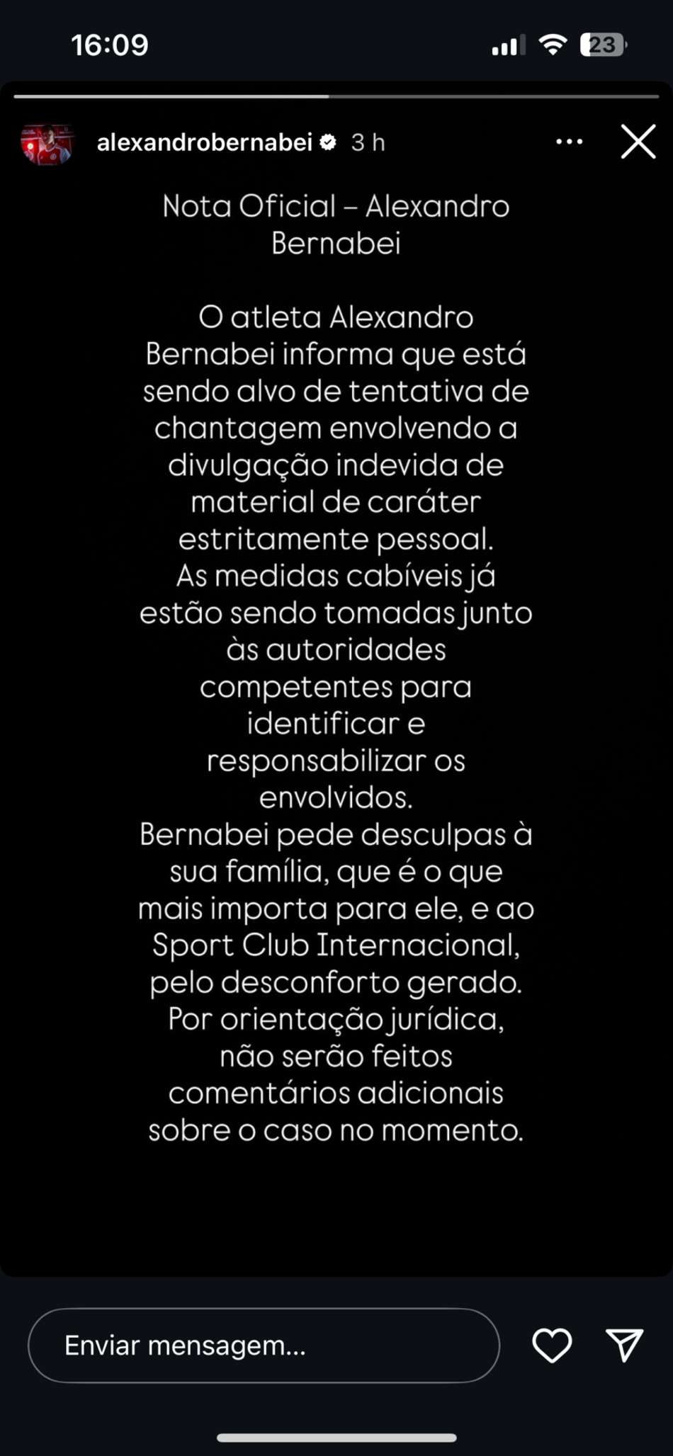Story do Instagram de Bernabei, lateral do Internacional