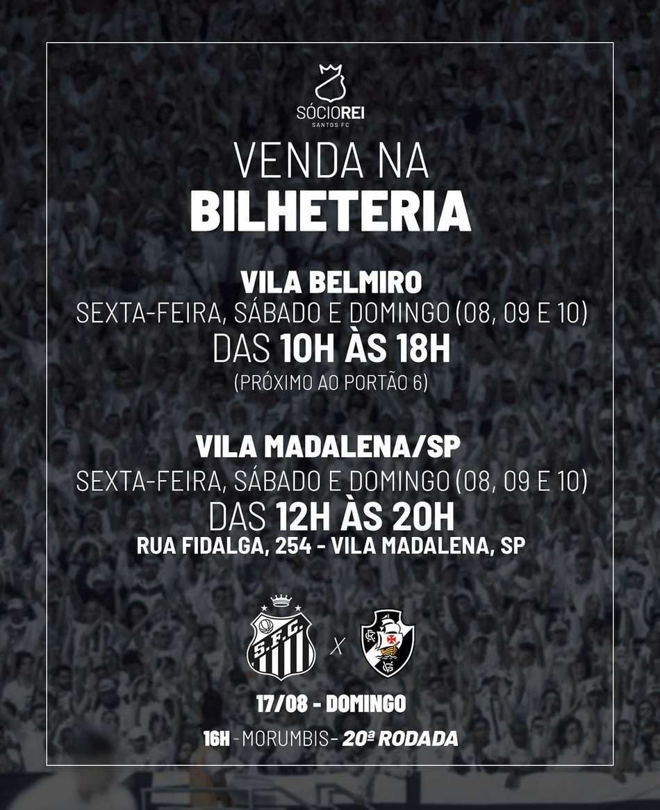 Santos inicia venda de ingressos para o duelo no Morumbis contra o Vasco. (Foto: Divulgação/ Santos FC)