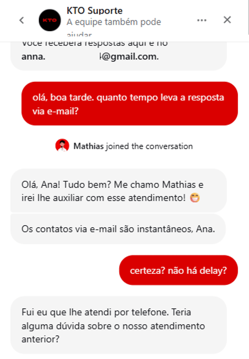 Chat ao vivo da KTO com atendente humano