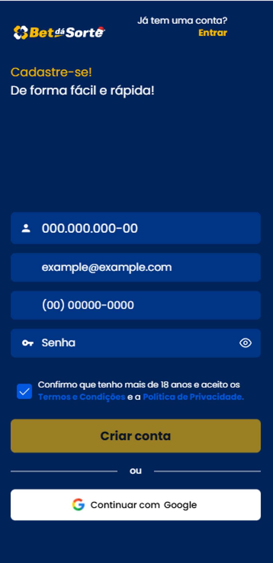 Formulário de cadastro da Bet Dá Sorte no app
