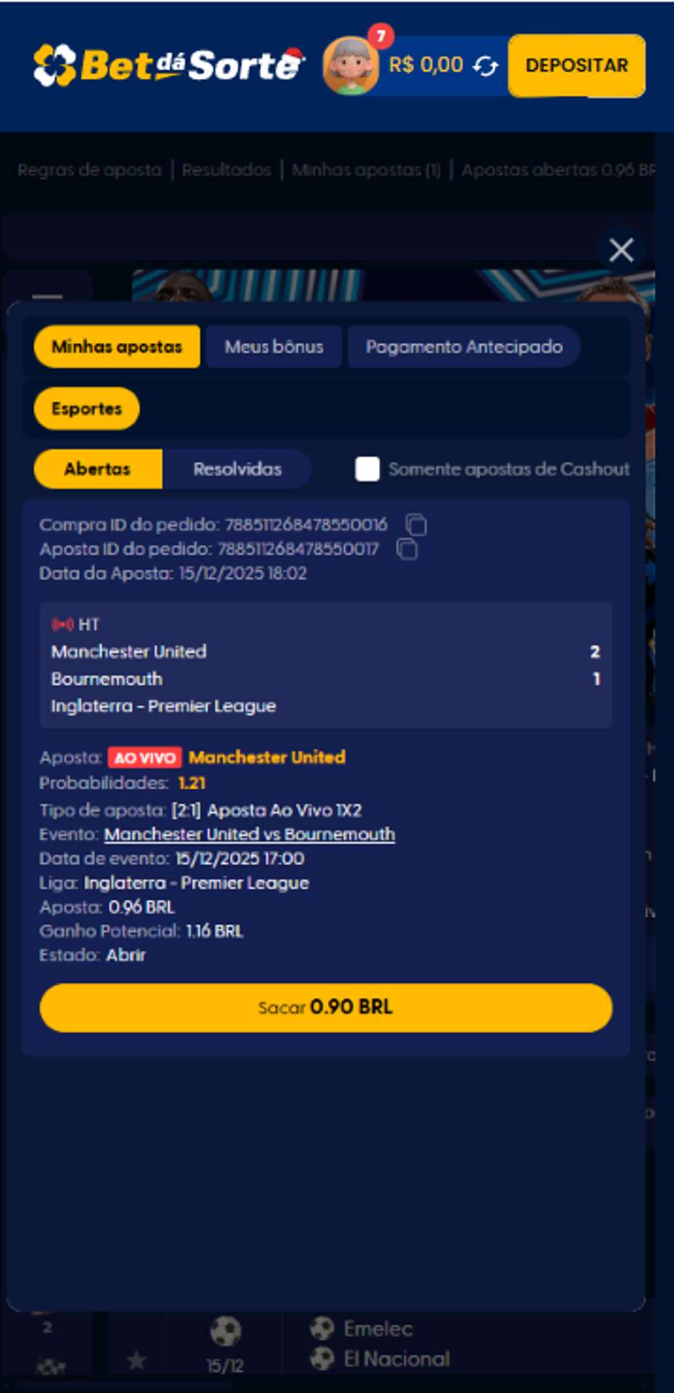 Tela de apostas abertas e Cash Out da Bet Dá Sorte