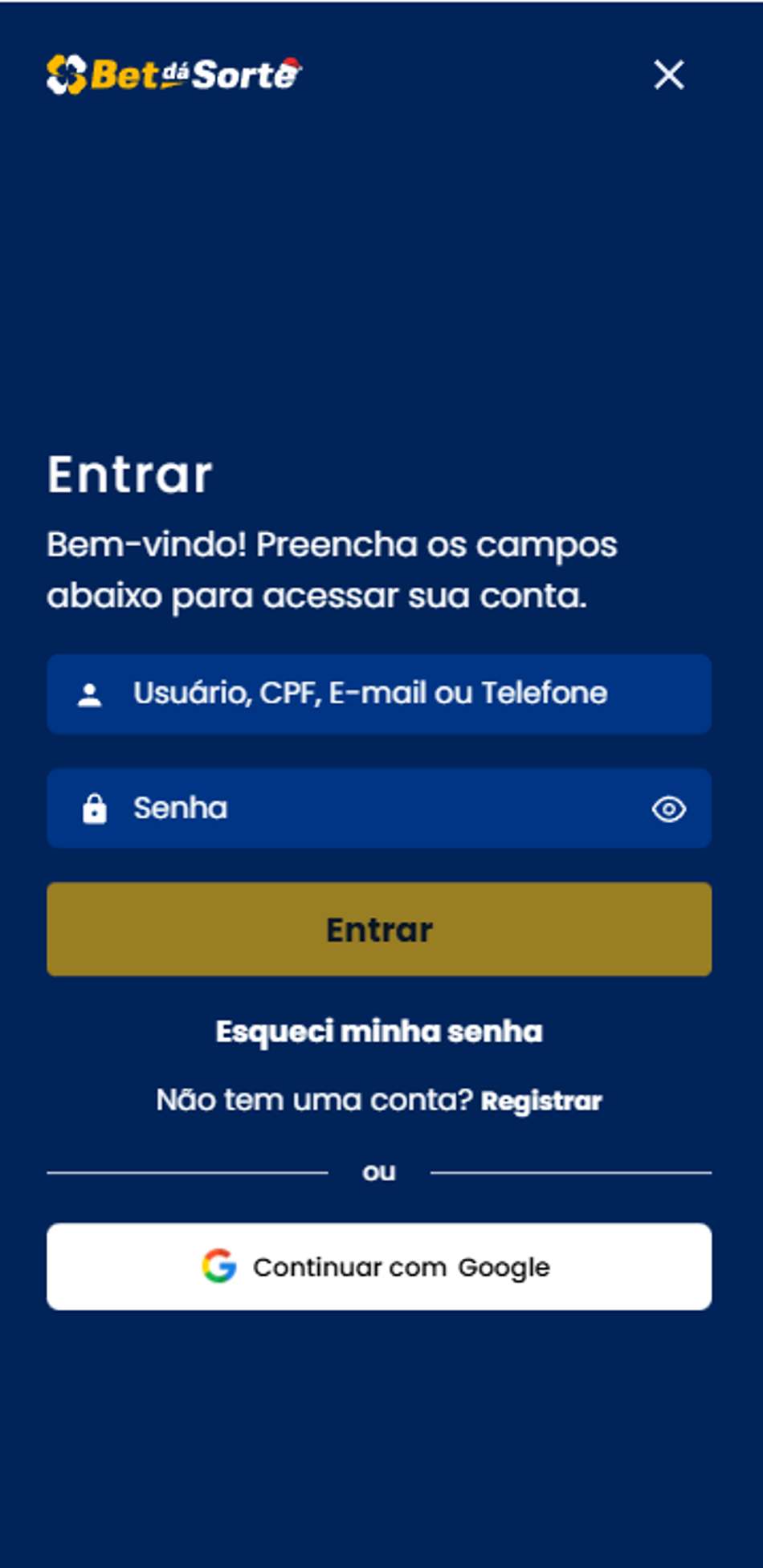 Captura de tela da página de login da Bet Dá Sorte.