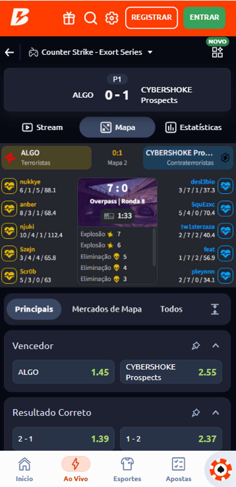 Mercados de apostas em partida de CS2 pela Extort Series