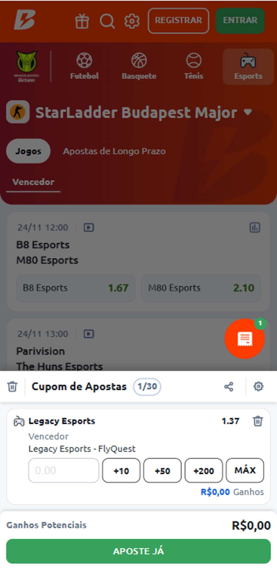 Captura da tela de apostas em CS2 na Betano.
