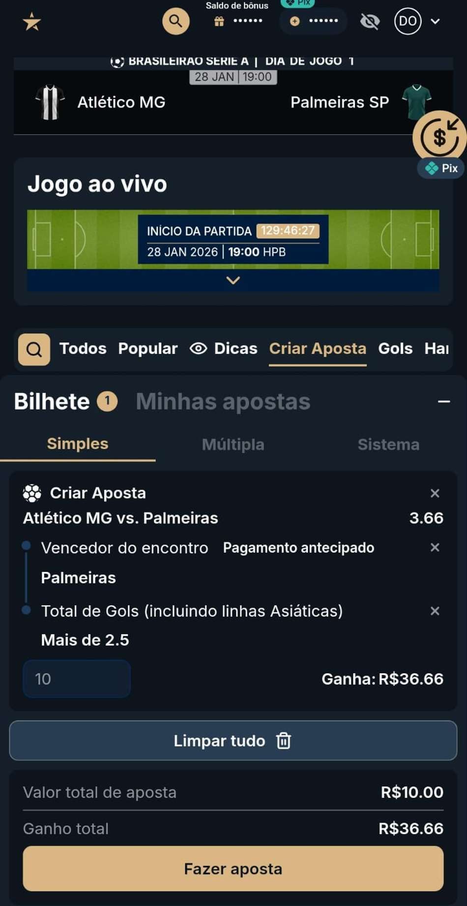 Captura de tela da função Criar Aposta no app Estrela Bet