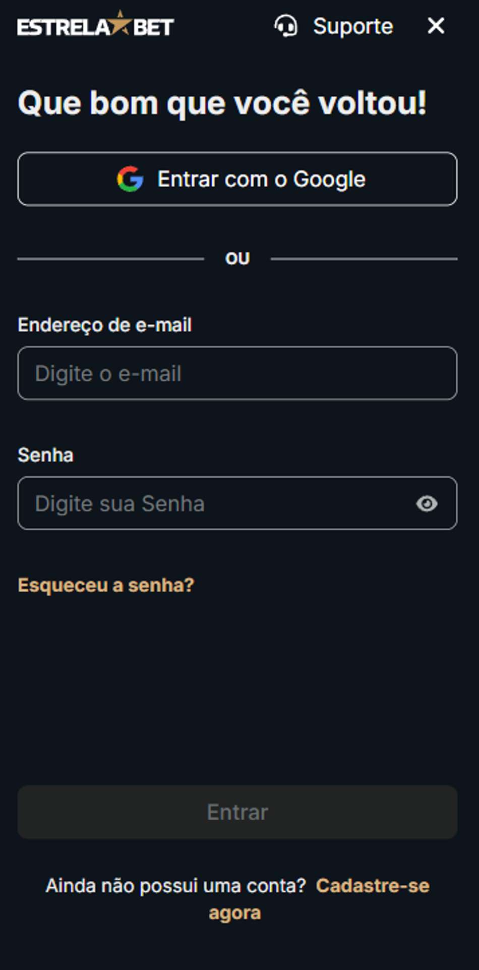 Tela de login e cadastro no app da Estrela bet