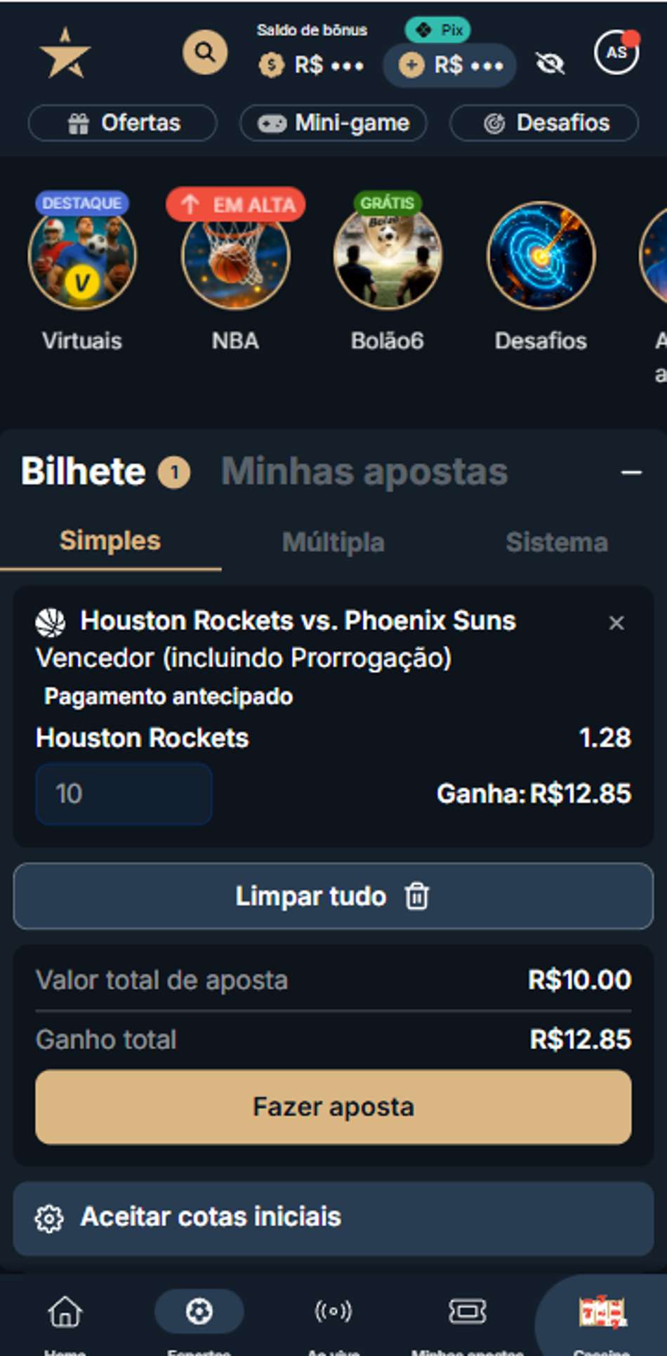 Bilhete de aposta simples no app da Estrela bet