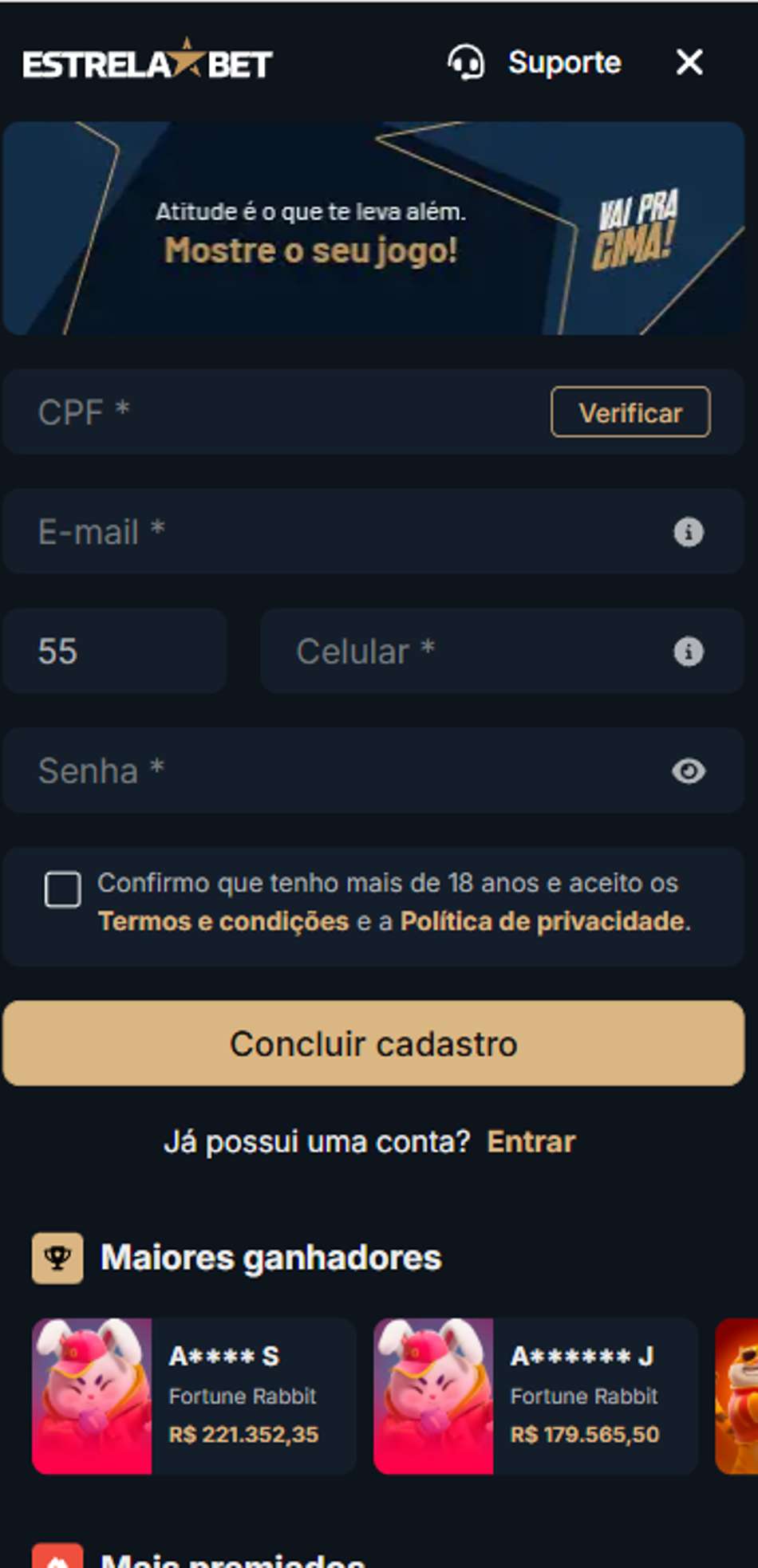 Formulário de cadastro da Estrela bet no celular