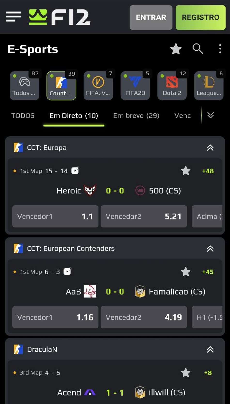 Partidas ao vivo de counter strike para apostas na F12Bet.