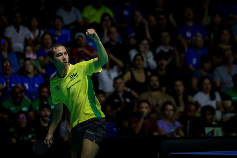 Hugo Calderano em ação neste sábado no WTT de Foz do Iguaçu (Foto: Abelardo Mendes Jr/ CalderanoTM)
