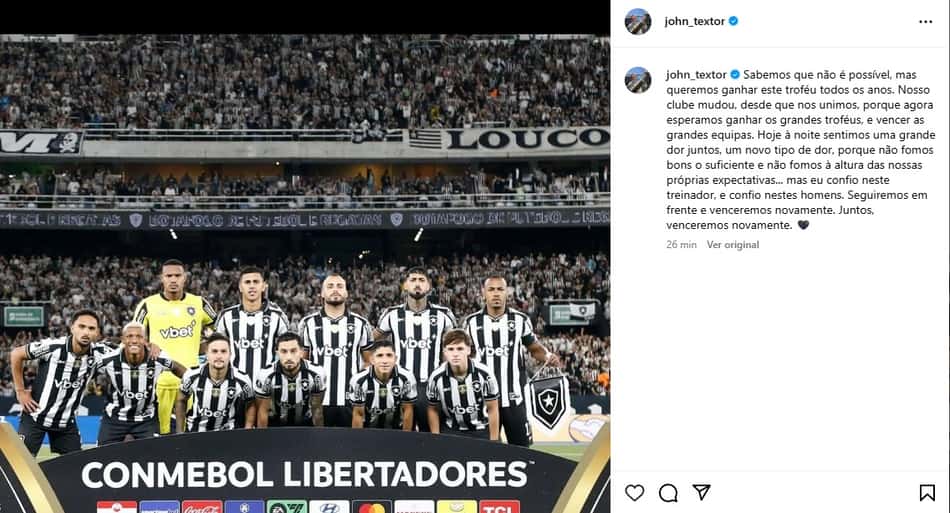 Publicação de John Textor após eliminação do Botafogo (Foto: Reprodução/Redes sociais)