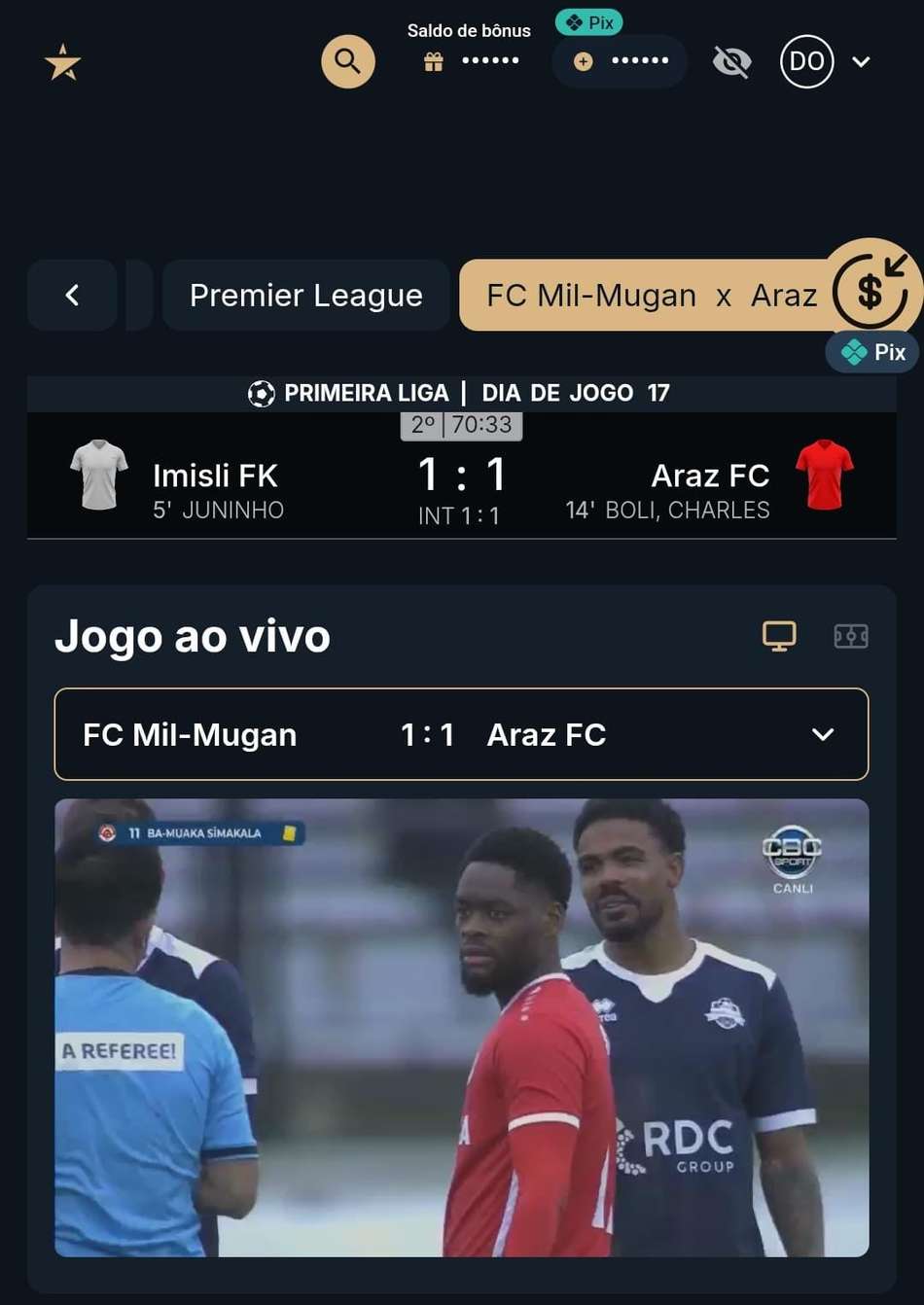 Captura de tela do recurso de transmissão ao vivo no aplicativo Estrela Bet.