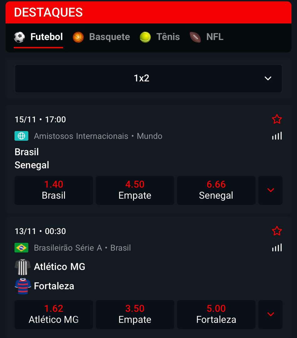Captura da tela de apostas em futebol na MC Games.