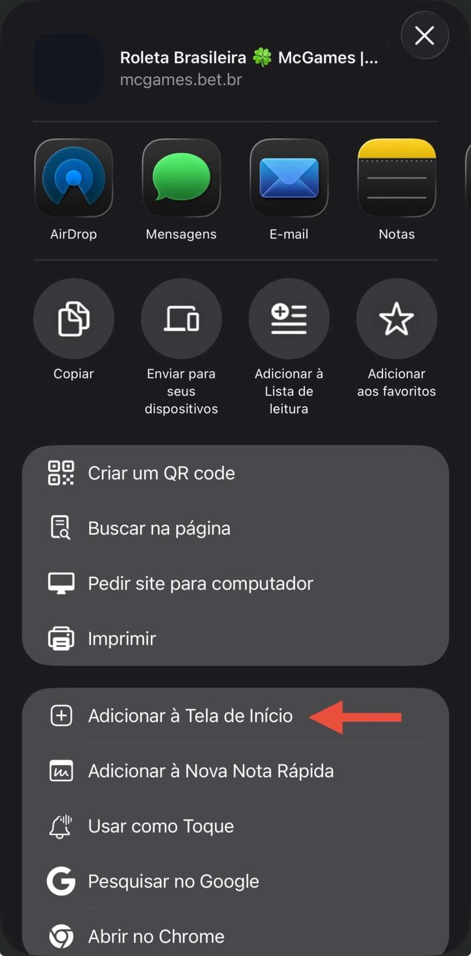 Captura da tela de atalho para o site da MC Games para dispositivos móveis.