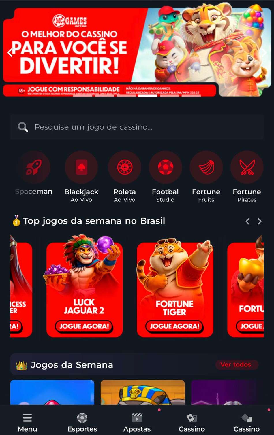 Captura da tela de jogos de cassino da MC Games.