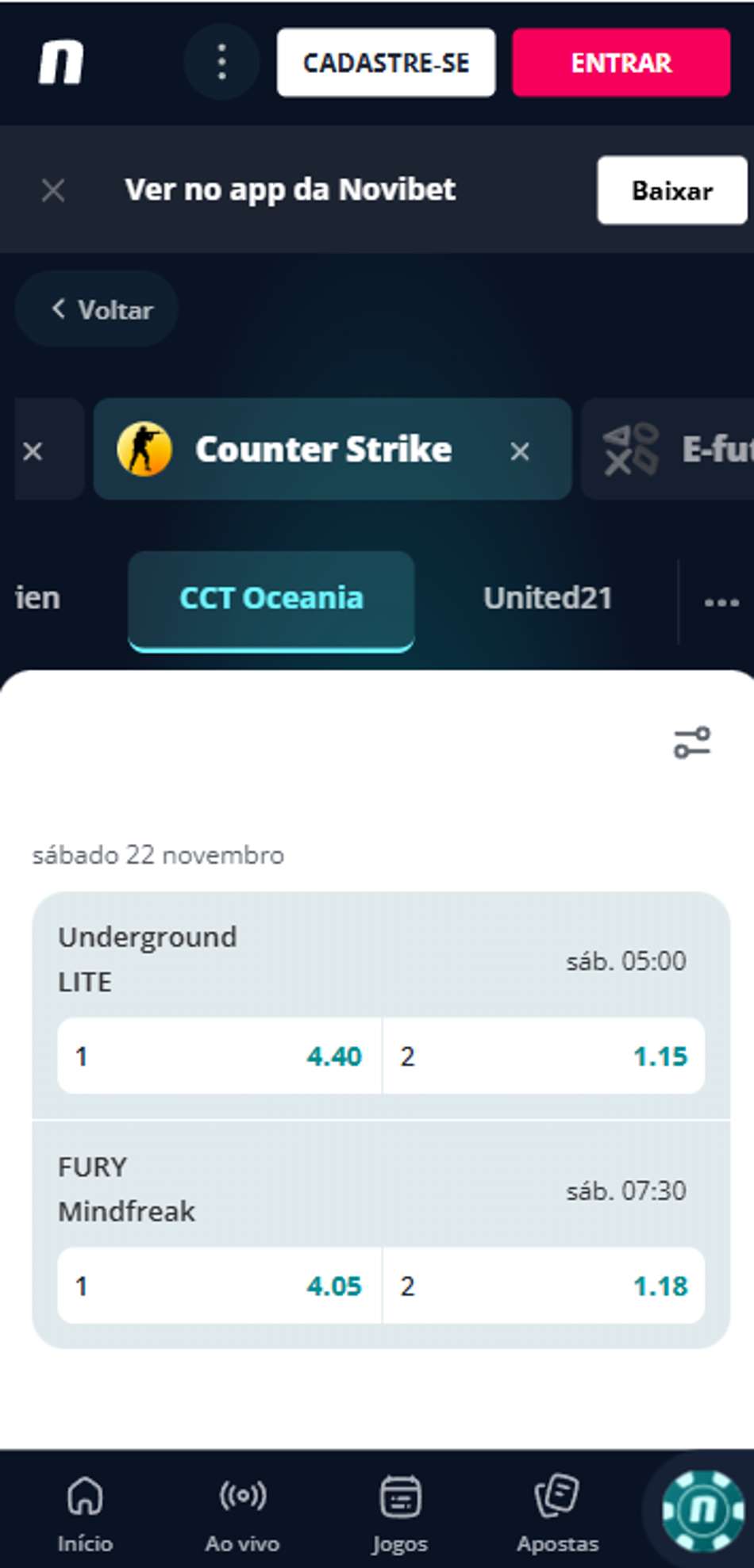  Partidas do CCT Oceania com mercados pré-match para CS2 na Novibet.